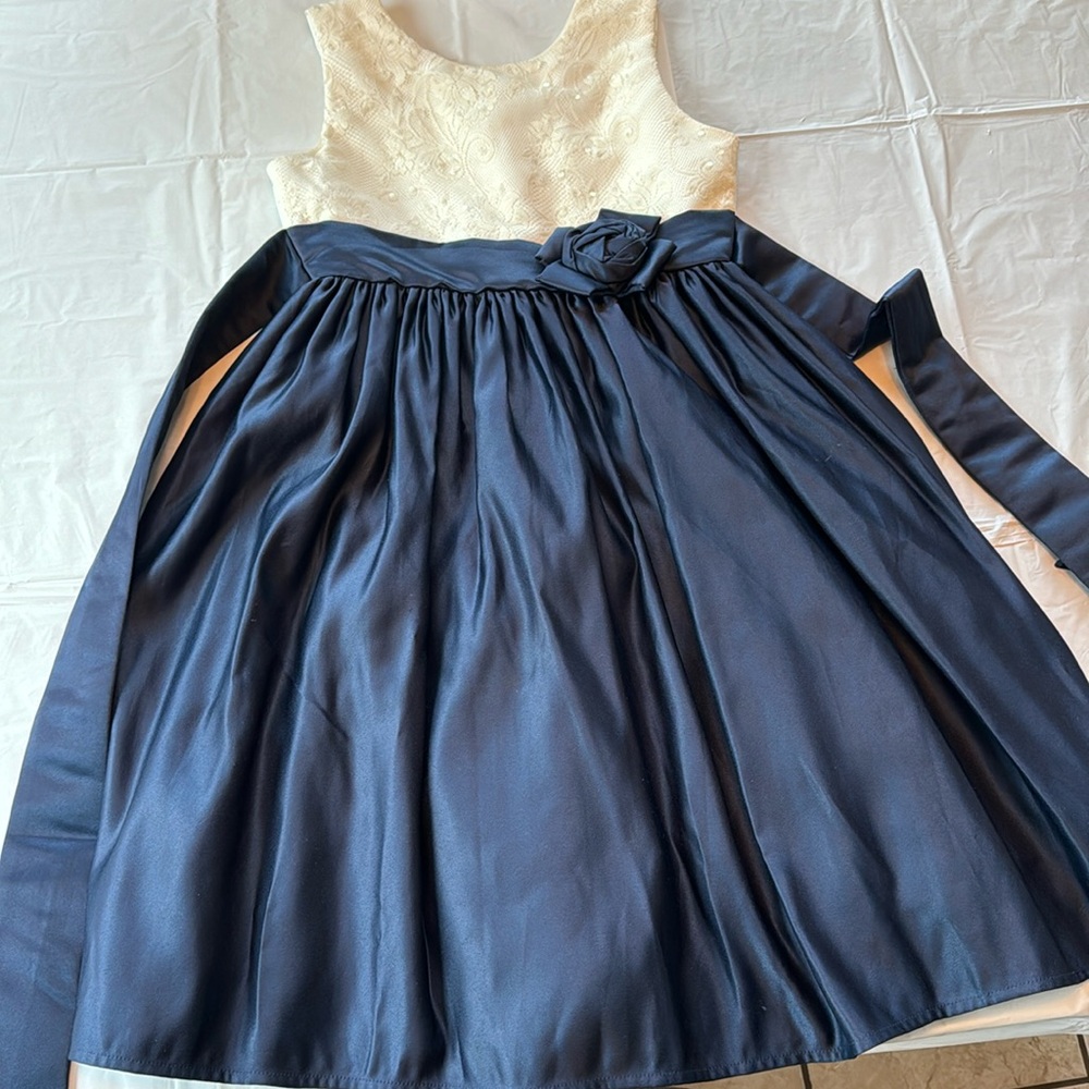 Little Miss Cream and Navy Blue Formal Flower Girl Dress